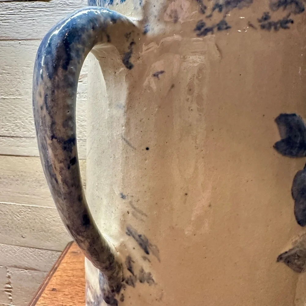 ANTIQUE, 19TH CENTURY, PRIMITIVE, BLUE & WHITE ROSE STONEWARE SPONGEWARE PITCHER